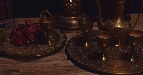Ramadan kareem with premium dates and arabic tea. Stock Footage 220832422