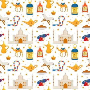 Ramadan kareem seamless pattern with arabic design elements camel, quran 库存插图