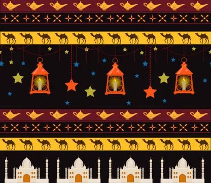 Ramadan kareem seamless pattern with borders, tribal style. Arabic ancient Illustrazione stock