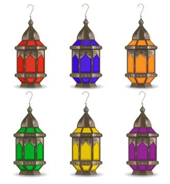 Ramadan Kareem set of multicolored lanterns, isolated on white background. .. Stock Illustration