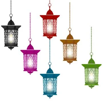 Ramadan Kareem. Six multi-colored lanterns in oriental style hang on chains.. Stock Illustration