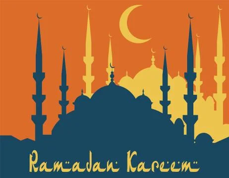 Ramadan Kareem. Stylized drawing of a silhouette of a blue mosque. illustrati Stock Illustration