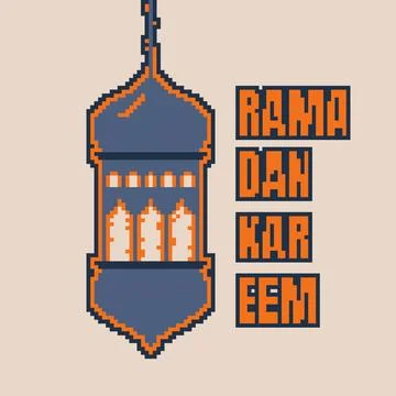 Ramadan kareem template design with lantern in cartoon pixel art design Stock Illustration