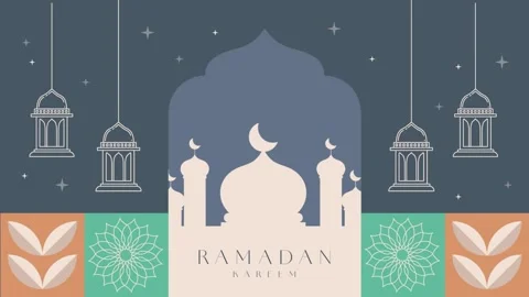 Ramadan Kareem text animation, lantern animation, mosque silhouette background. Stock Footage 297609165