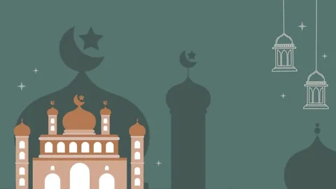 Ramadan Kareem text animation, lantern animation, mosque silhouette background. Video stock 299545087