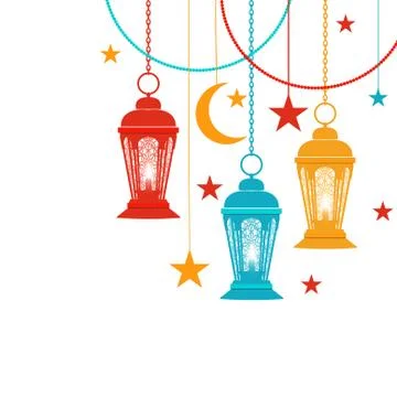 Ramadan Kareem. Trans-colored lanterns in oriental style hang on chains, as.. Stock Illustration