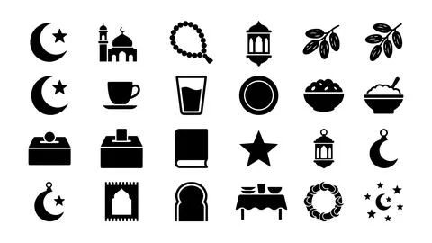 Ramadan kareem vector solid icons set of islamic culture and religious holi.. Illustrazione stock