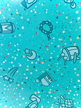 Ramadan Kids Pattern on Turquoise Background with Islamic Icons and Stars Stock Illustration