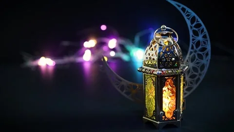 Ramadan lantern and crescent moon with colorful lights Stock Footage 329374286
