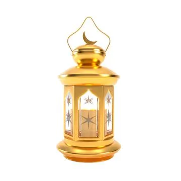 Ramadan lantern with candle 3d isolated on white background. Golden Arabic Stock Illustration