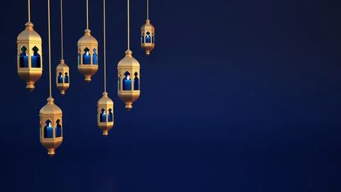 Ramadan lanterns hanging on blue background. Festive greeting card 3D rendering Stock Illustration