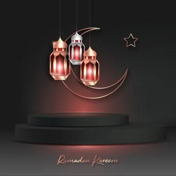 Ramadan Luxury 3D Islamic Podium with gold Arabic Hanging light Lamps Stock Illustration