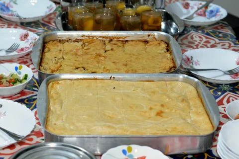 Ramadan month iftar table with different types of food, mashed potatoes stu.. Stock Photos