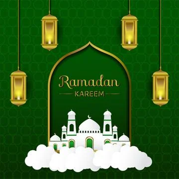 Ramadan mosque and lantern vector design with green islamic background, gre.. Stock Illustration