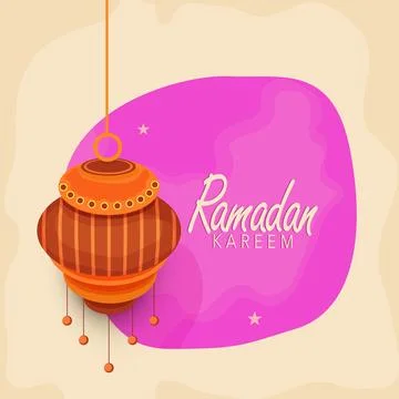 Ramadan Mubarak Font With 3D Arabic Lantern Hang On Pink Background. Stock Illustration