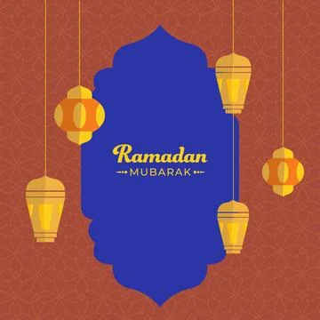Ramadan Mubarak Font Message Over Blue Vintage Frame with Hanging Paper Lan.. Ilustração Stock