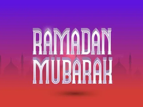Ramadan Mubarak text on mosque silhouette decorated magenta and pink backgr.. Stock Illustration