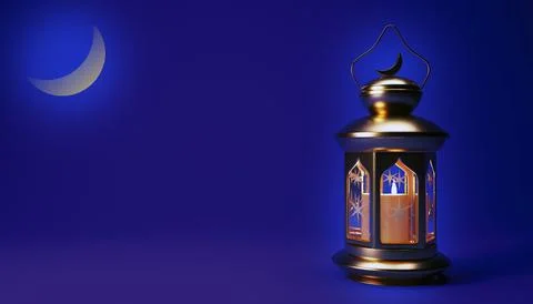 Ramadan night background with Arabic lantern, crescent moon and copy space,.. Stock Illustration