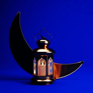 Ramadan night background with lantern, crescent moon and copy space, 3d rende Illustrazione stock