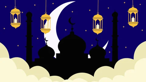 Ramadan Night Scene with Crescent Moon and Mosque Silhouette Stock Footage 331909703