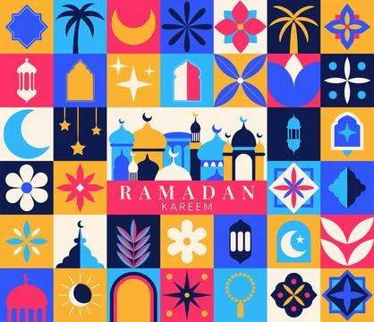 Ramadan pattern geometric icon. Modern collage with square frame and mosque.. Stock Illustration