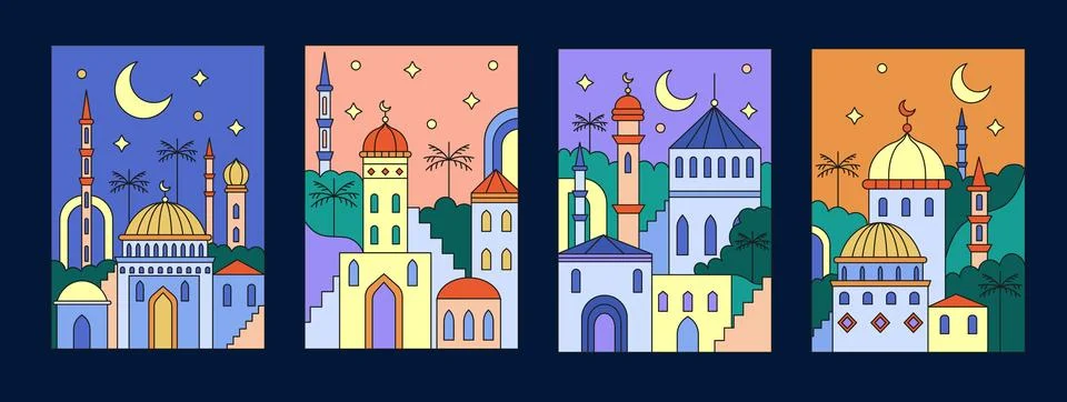 Ramadan poster. Eid Mubarak geometric design. Islamic colorful line art. Mosq Stock Illustration