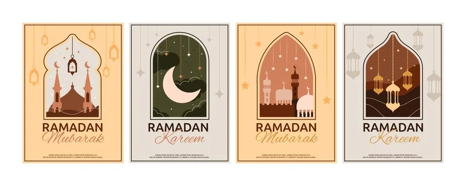 Ramadan posters. Eid mubarak moon frame pattern, minimal arabic modern card d Illustrazione stock