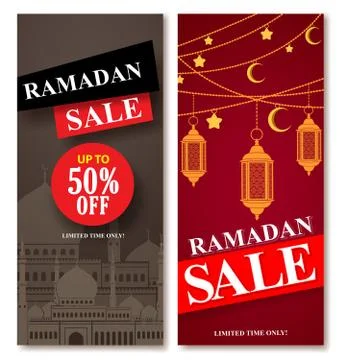 Ramadan sale vector web poster designs set with mosque and lantern Stock Illustration