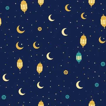 Ramadan seamless pattern with golden lanterns, crescent moons and stars on dark Stock Illustration