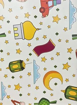 Ramadan Seamless Pattern for Kids with Mosque, Lanterns and Crescent Moon Stock Illustration