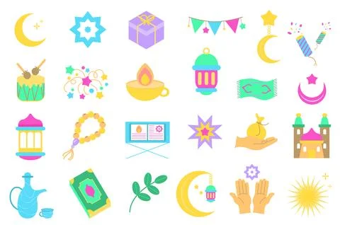 Ramadan set graphic elements in flat design. Bundle of crescent, star, garlan Illustrazione stock