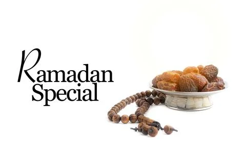 RAMADAN SPECIAL text with Dates or kurma fruits and rosary beads or Tasbih on 写真素材