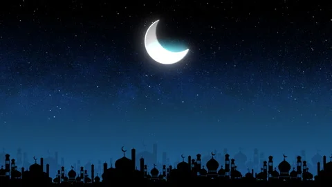 Ramadhan Eid night with mosques and moon Stock Footage 268132393