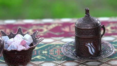 Ramazan Ece drinking Turkish coffee in cafe Stock Footage 85065946