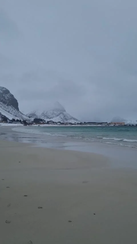 Ramberg beach or Rambergstranda in winter on Lofoten islands, Norway. Winter  Stock Footage 319850744