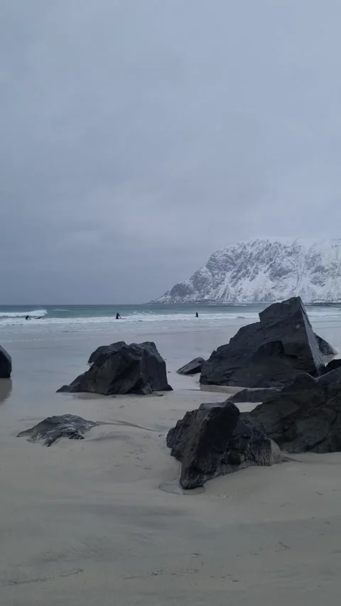 Ramberg beach or Rambergstranda in winter on Lofoten islands, Norway. Winter  Video stock 319850790