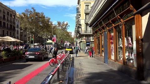Rambla street. Barcelona city center. Spain. 4K. Stock Footage