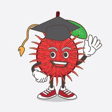 Rambutan Fruit cartoon mascot character in a black Graduation hat Stock Illustration