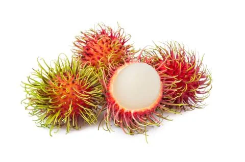 Rambutan fruit with red shell on white background Stock Photos