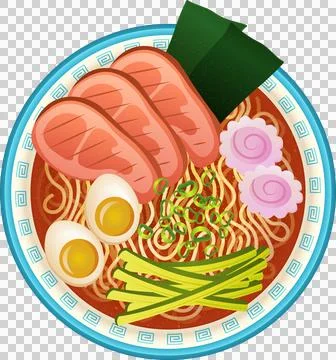 Ramen bowl is being shown in flat design with broth, noodles and pork on Stock Illustration