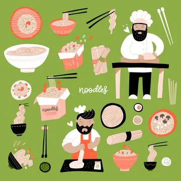 Ramen doodle set. Various hand-drawn bowl of Chinese egg noodles. Asian food Stock Illustration