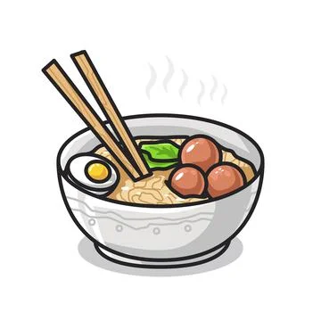 Ramen noodle with egg and vegetable on the bowl in cute line art illustration Stock Illustration