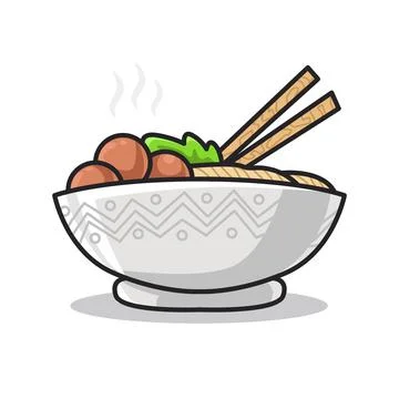 Ramen noodle with egg and vegetable on the bowl in cute line art illustration Stock Illustration