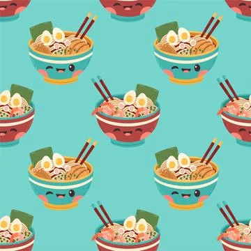 Ramen seamless pattern noodle soup in the bowl with shrimps and chicken Stock Illustration