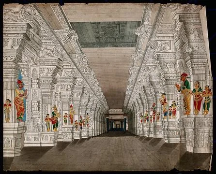 Rameshvaram, corridor with large pillars leading to the temple dedicated to.. Stock Illustration