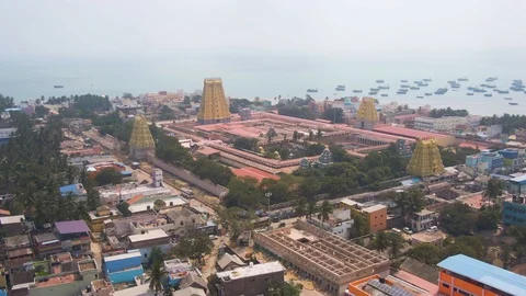 Rameswaram ancient Shiva temple, India 4k aerial skyline and ocean view Stock Footage 109347498