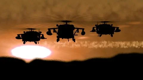 Rampant 3d illustration of Apache helicopter silhouette full of armament soar Stock Illustration