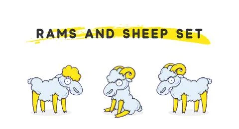 Rams amd sheep set linear style. Character animal Stock Illustration