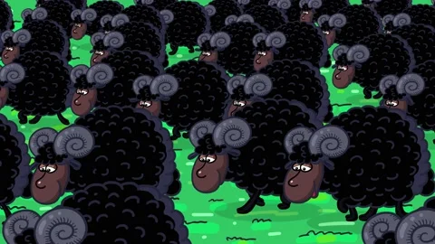 Rams black cartoon characters herd walking in the meadow Stock Footage 183409155