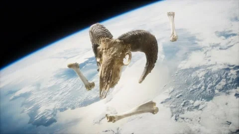 Rams skull with bones at Earth orbit Stock Footage 140619747